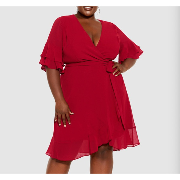 NEW City Chic Bright Red Wrap Front Ruffle Hem Dress Short Sleeve Size US 20 - Picture 1 of 9